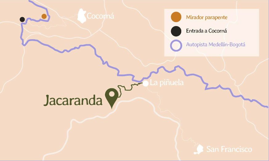 Mapa de ubicación de Jacaranda, cerca de Cocorná y La Piñuela